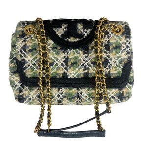 Tory Burch green multi soft fleming tweed convertible shoulder crossbody bag
